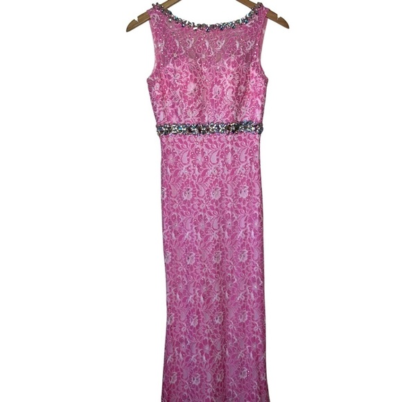 Vienna Prom Pink w/Crystals Vienna 1034 Size 0 Long Lace Prom Dress Pageant Gown - Picture 2 of 16